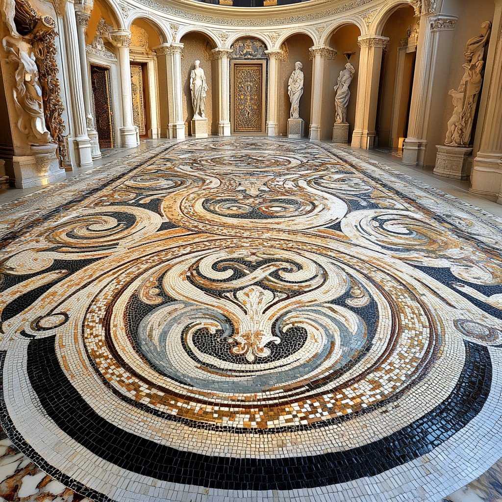 Large-scale mosaic floor design in public space or luxury interior --v 6.1