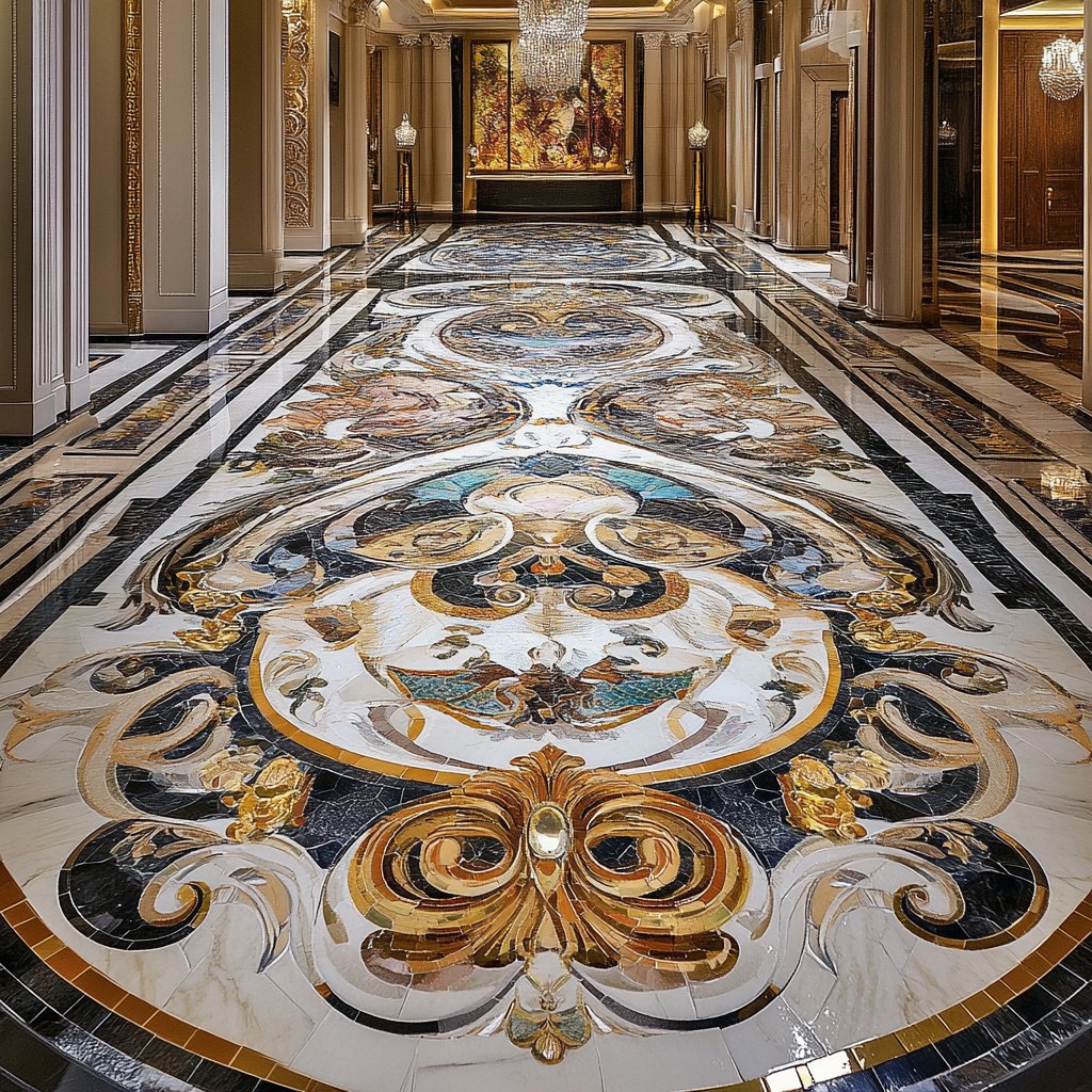 Large-scale mosaic floor design in public space or luxury interior --v 6.1