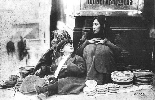 Seattle - selling Indian baskets in front of F&N - 1912 — Basketry