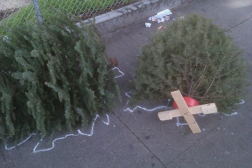 Dead Christmas trees with chalk outlines — Chalk Art