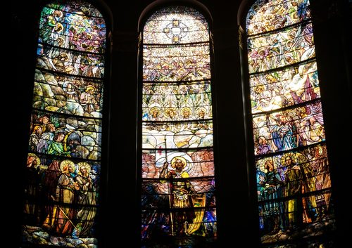 St. Michael's Episcopal Church - Tiffany Windows Depicting St. Michael's Victory in Heaven (middle 3 panes out of 7 panes) — Glass Art