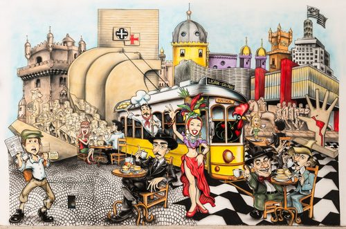 Mural com referências a Lisboa e São Paulo no empório Arte Nata na Rua Frei Caneca, 1380 - bem perto da Avenida Paulista — Graffiti Art
