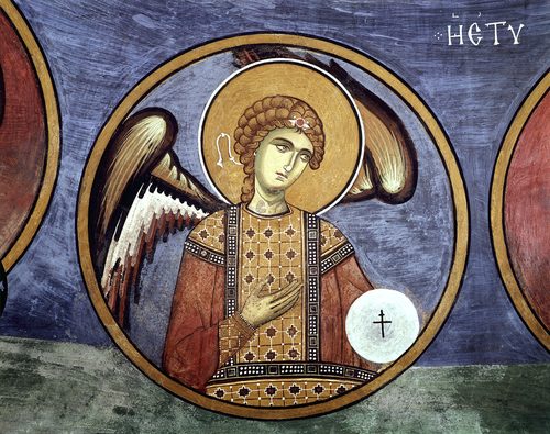 Church of Panagia tou Arakos, nave, center bay, dome, wall paintings, Lagoudera, Cyprus - Dome medallion, northeast, archangel (13) — Icon Art