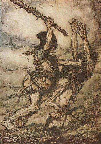 Fafner kills his brother Fasolt to get the powerful ring for himself.Illustration to Richard Wagner's Das Rheingold. — Illustration
