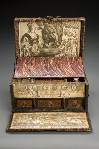 Medicine chest, wooden, iron-bound and brass covered, lock b — Leather Art