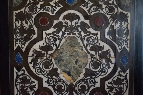 Marquetry and stone on antique cabinet (39073885305) — Marquetry