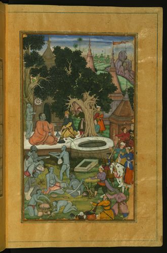 Babur and His Warriors Visiting a Hindu Temple — Miniature Painting