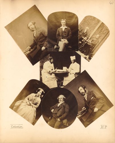 [Portrait of a gentleman seated holding books on a table] — Photomontage
