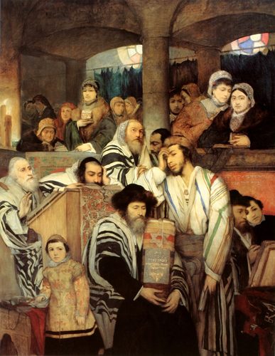 Jews Praying in the Synagogue on Yom Kippur — Scroll Painting